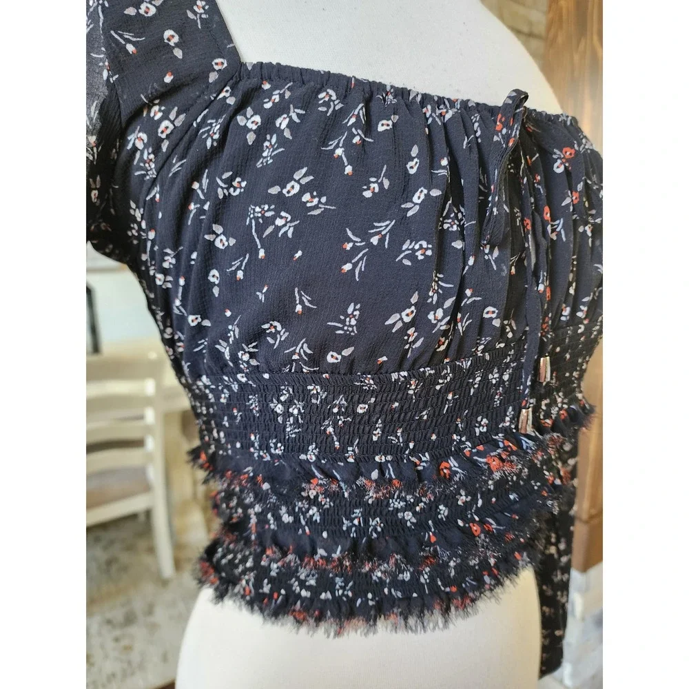 Free‎ People Boho Black Floral Smocked Lolita Long Sleeve Square Neck Womens XS